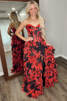 Load image into Gallery viewer, Black Red Flower Strapless Corset A-Line Long Prom Dress with Ruffles