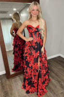 Load image into Gallery viewer, Black Red Flower Strapless Corset A-Line Long Prom Dress with Ruffles