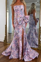 Load image into Gallery viewer, Purple Mermaid Strapless Jacquard Long Prom Dress with Slit