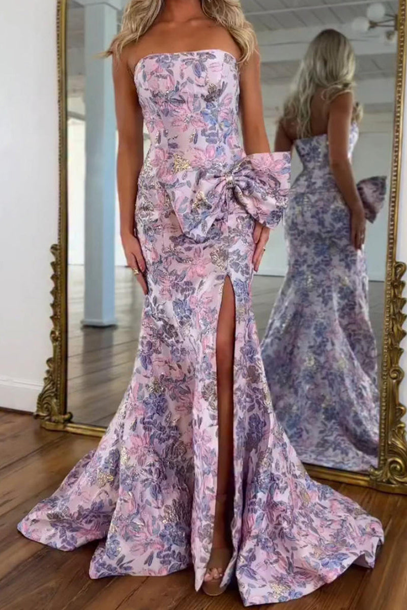 Load image into Gallery viewer, Purple Mermaid Strapless Jacquard Long Prom Dress with Slit
