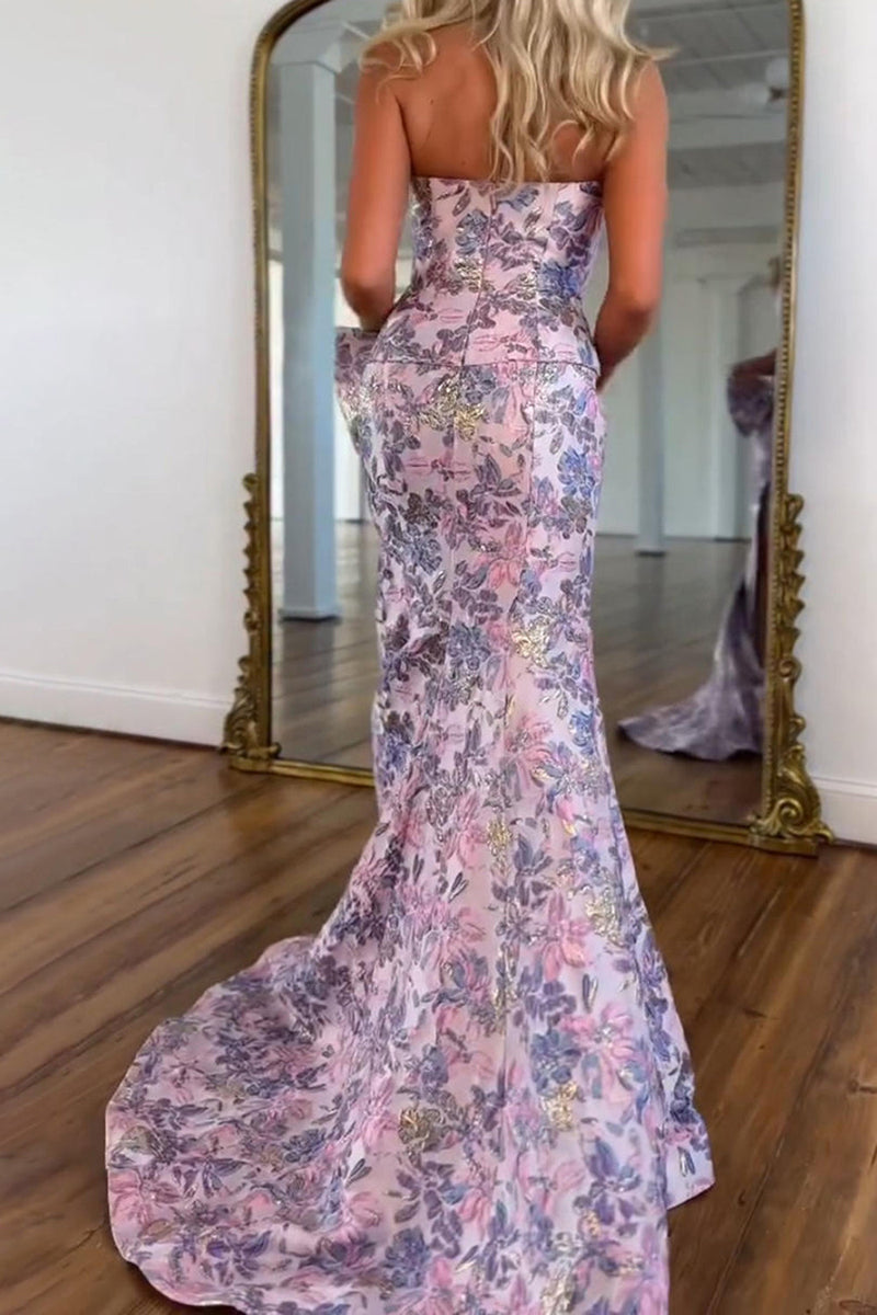 Load image into Gallery viewer, Purple Mermaid Strapless Jacquard Long Prom Dress with Slit