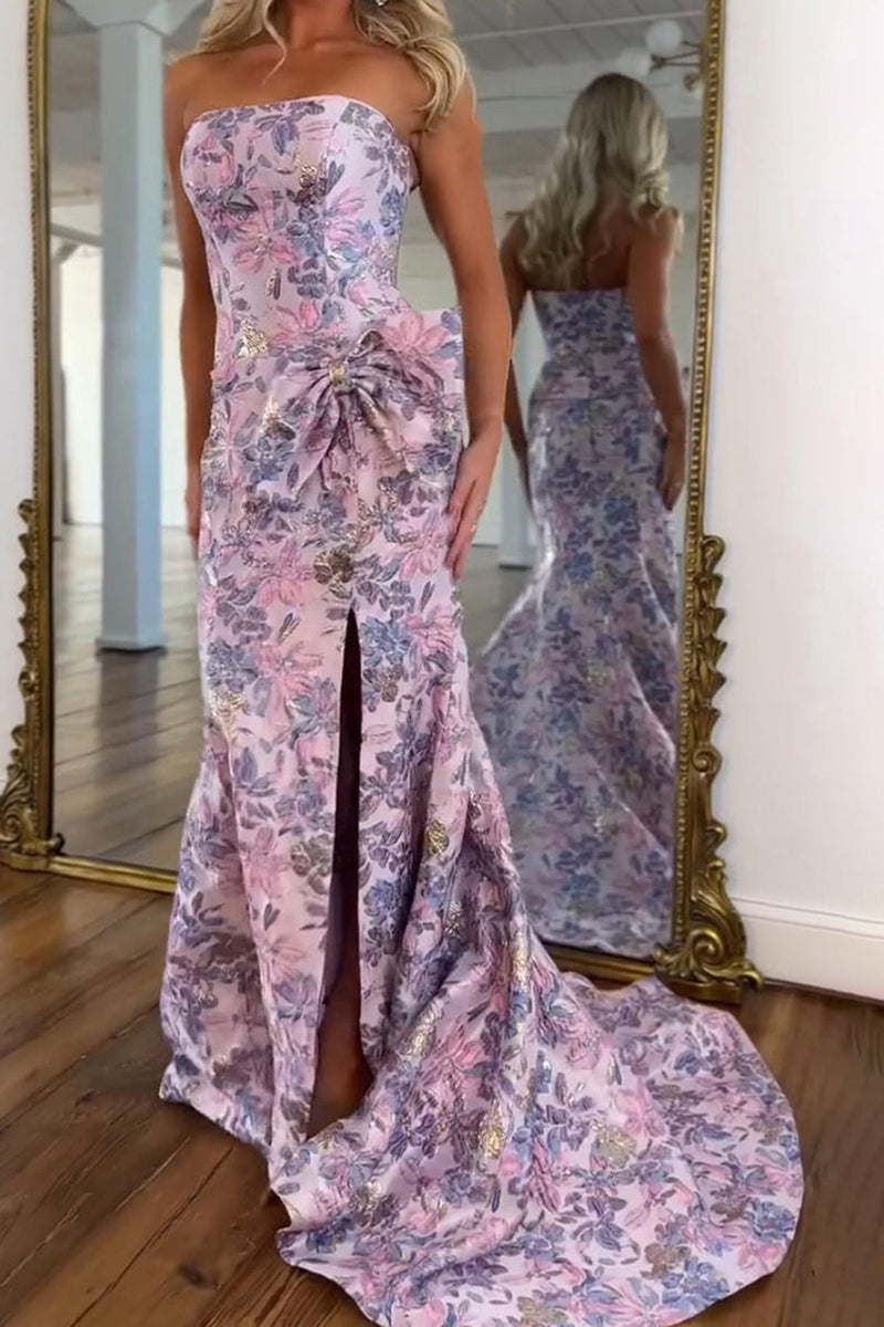 Load image into Gallery viewer, Purple Mermaid Strapless Jacquard Long Prom Dress with Slit