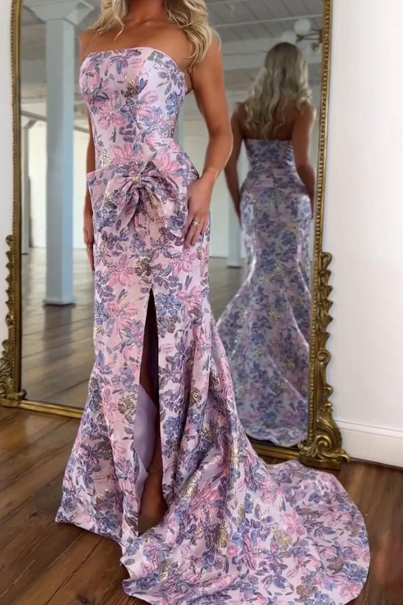 Load image into Gallery viewer, Purple Mermaid Strapless Jacquard Long Prom Dress with Slit
