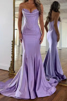 Load image into Gallery viewer, Purple Sweetheart Mermaid Corset Long Satin Prom Dress