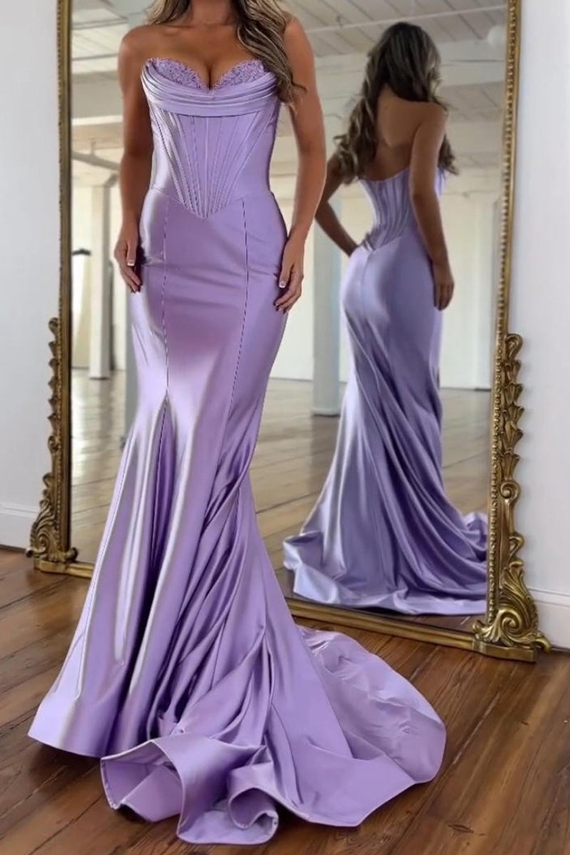Load image into Gallery viewer, Purple Sweetheart Mermaid Corset Long Satin Prom Dress