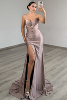 Load image into Gallery viewer, Dusty Rose Strapless Sheath Beaded Long Prom Dress with Slit