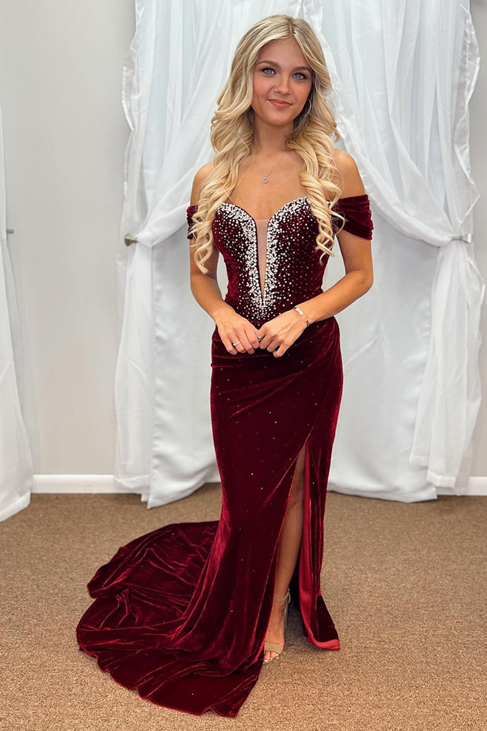 Burgundy Off The Shoulder Velvet Sheath Beaded Long Prom Dress with Slit