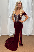 Load image into Gallery viewer, Burgundy Off The Shoulder Velvet Sheath Beaded Long Prom Dress with Slit