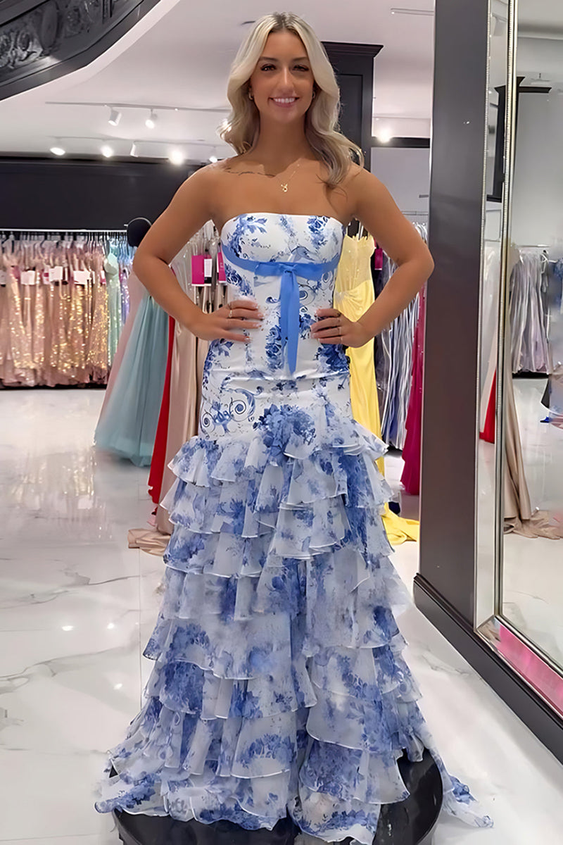 Load image into Gallery viewer, White Blue Flower Strapless Sheath Long Chiffon Prom Dress with Ruffles