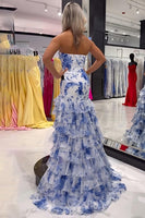 Load image into Gallery viewer, White Blue Flower Strapless Sheath Long Chiffon Prom Dress with Ruffles