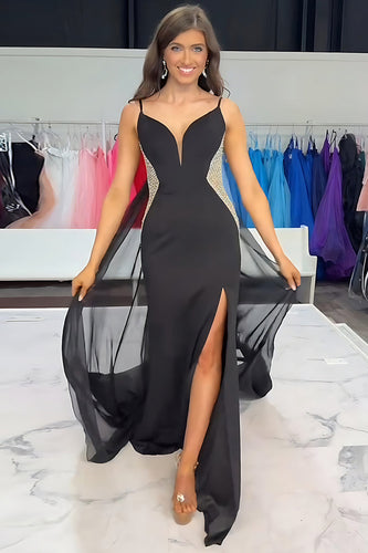 Black Mermaid Beaded Spaghetti Straps Long Prom Dress with Slit