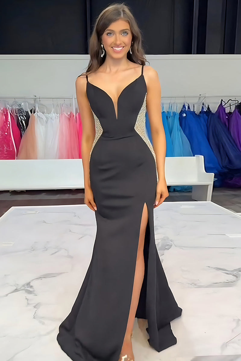 Load image into Gallery viewer, Black Mermaid Beaded Spaghetti Straps Long Prom Dress with Slit