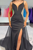 Load image into Gallery viewer, Black Mermaid Beaded Spaghetti Straps Long Prom Dress with Slit