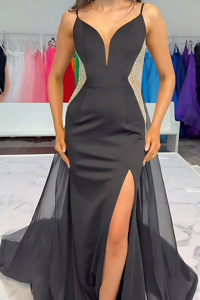 Load image into Gallery viewer, Black Mermaid Beaded Spaghetti Straps Long Prom Dress with Slit