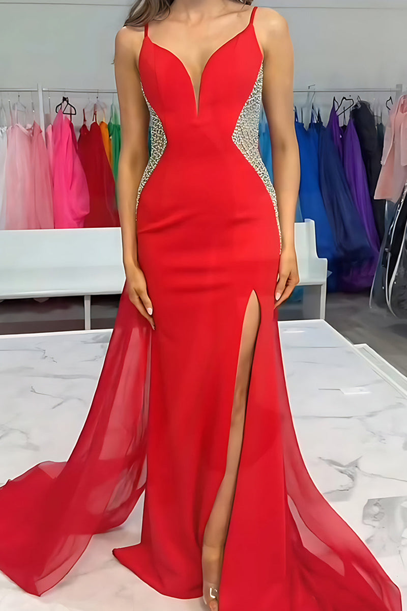 Load image into Gallery viewer, Black Mermaid Beaded Spaghetti Straps Long Prom Dress with Slit