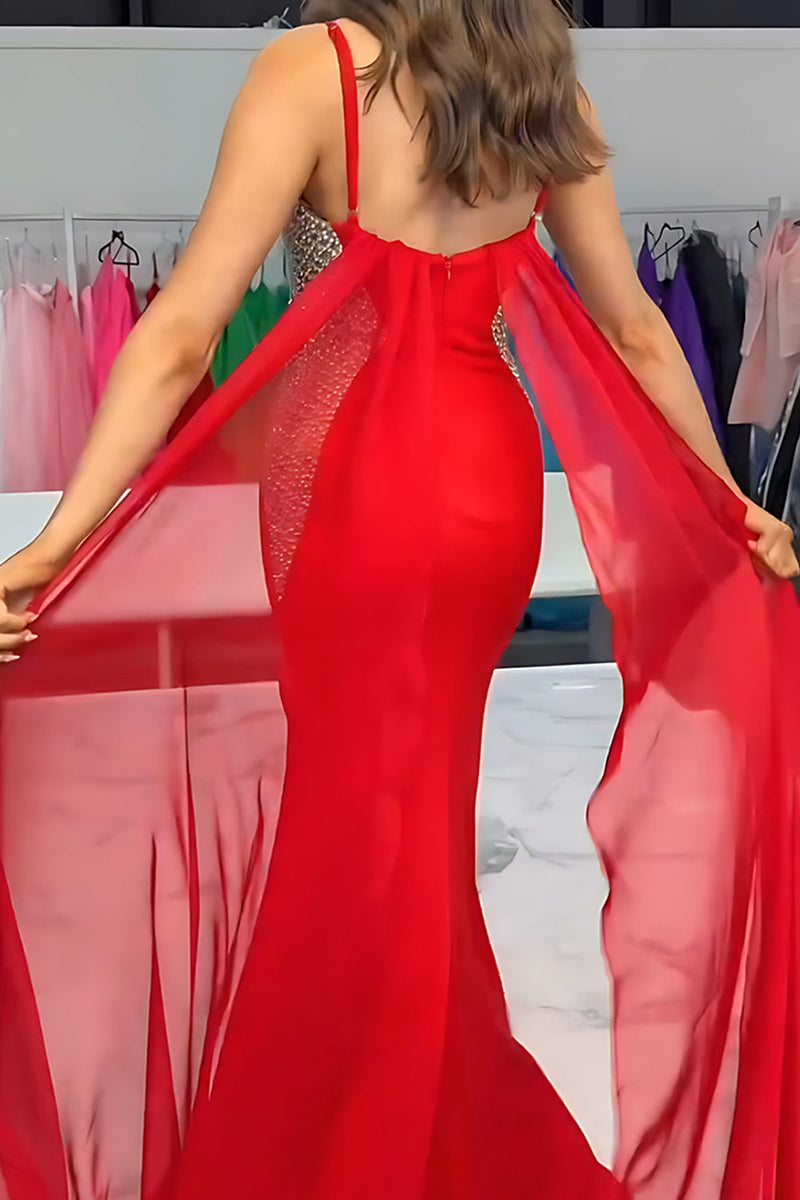 Load image into Gallery viewer, Black Mermaid Beaded Spaghetti Straps Long Prom Dress with Slit