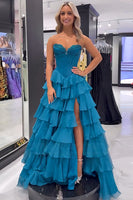 Load image into Gallery viewer, Peacock Blue Sweetheart Tiered A-Line Corset Long Prom Dress with Slit
