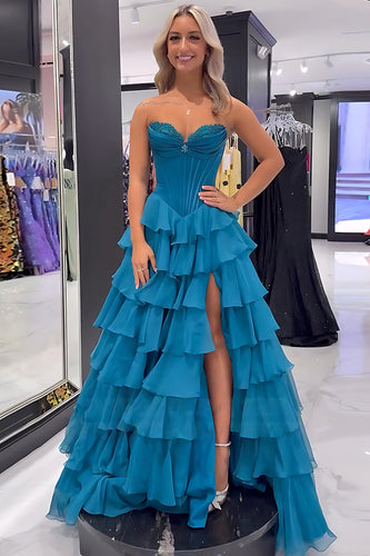 Peacock Blue Sweetheart Tiered A-Line Corset Long Prom Dress with Slit