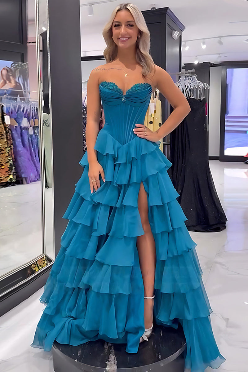 Load image into Gallery viewer, Peacock Blue Sweetheart Tiered A-Line Corset Long Prom Dress with Slit