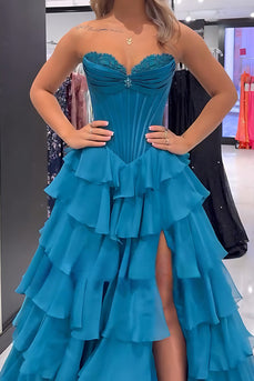 Peacock Blue Sweetheart Tiered A-Line Corset Long Prom Dress with Slit