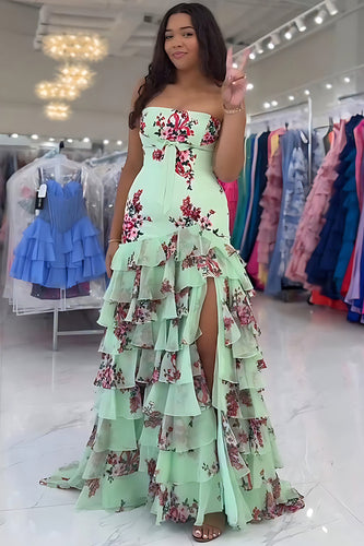 Green Strapless Floral Sheath Ruffled Long Prom Dress with Slit