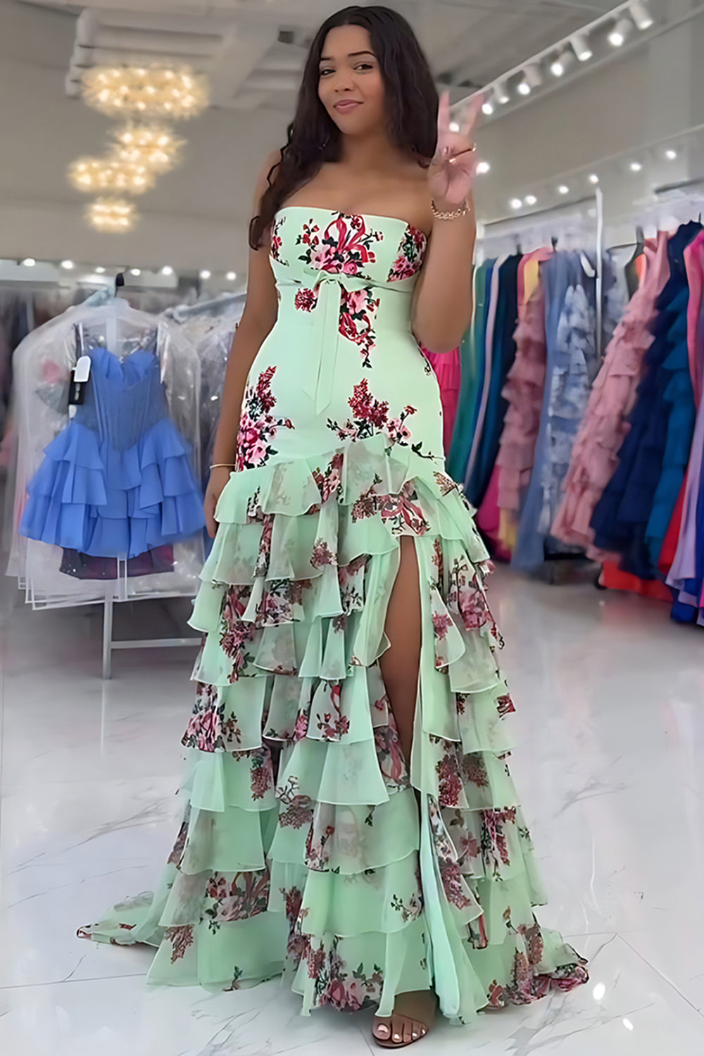 Green Strapless Floral Sheath Ruffled Long Prom Dress with Slit