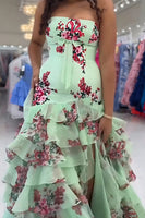 Load image into Gallery viewer, Green Strapless Floral Sheath Ruffled Long Prom Dress with Slit