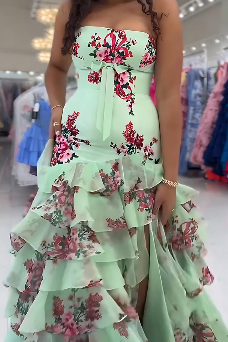 Load image into Gallery viewer, Green Strapless Floral Sheath Ruffled Long Prom Dress with Slit