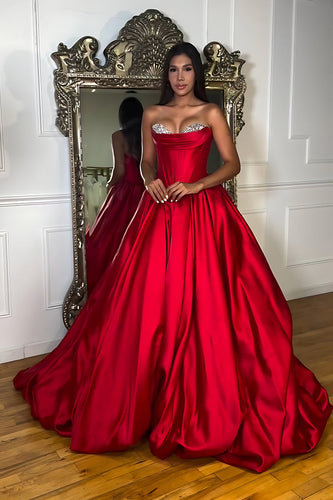 Red Strapless Princess Corset Long Prom Dress with Beading
