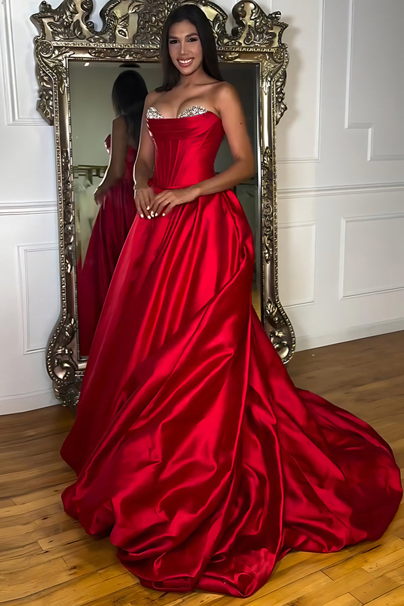 Load image into Gallery viewer, Red Strapless Princess Corset Long Prom Dress with Beading
