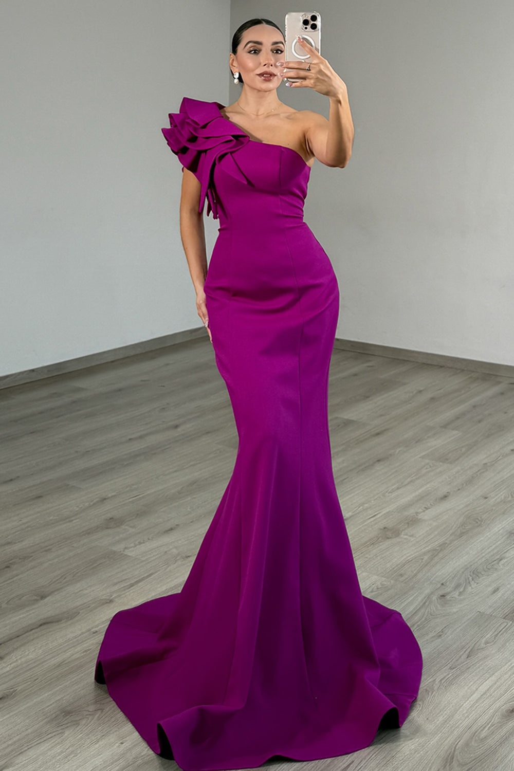 Purple One Shoulder Mermaid Long Prom Dress with Ruffles