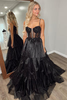 Load image into Gallery viewer, Black Spaghetti Straps A Line Long Corset Prom Dress