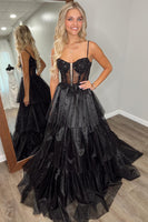 Load image into Gallery viewer, Black Spaghetti Straps A Line Long Corset Prom Dress