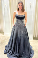 Load image into Gallery viewer, Sparkly Black Strapless Corset Long Prom Dress with Beading
