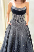 Load image into Gallery viewer, Sparkly Black Strapless Corset Long Prom Dress with Beading