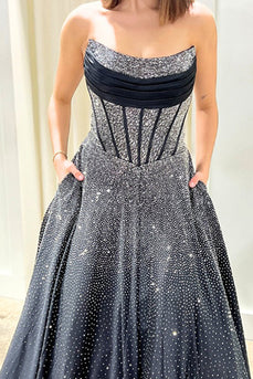 Sparkly Black Strapless Corset Long Prom Dress with Beading