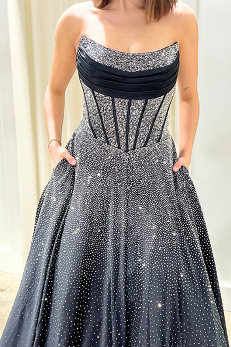 Load image into Gallery viewer, Sparkly Black Strapless Corset Long Prom Dress with Beading