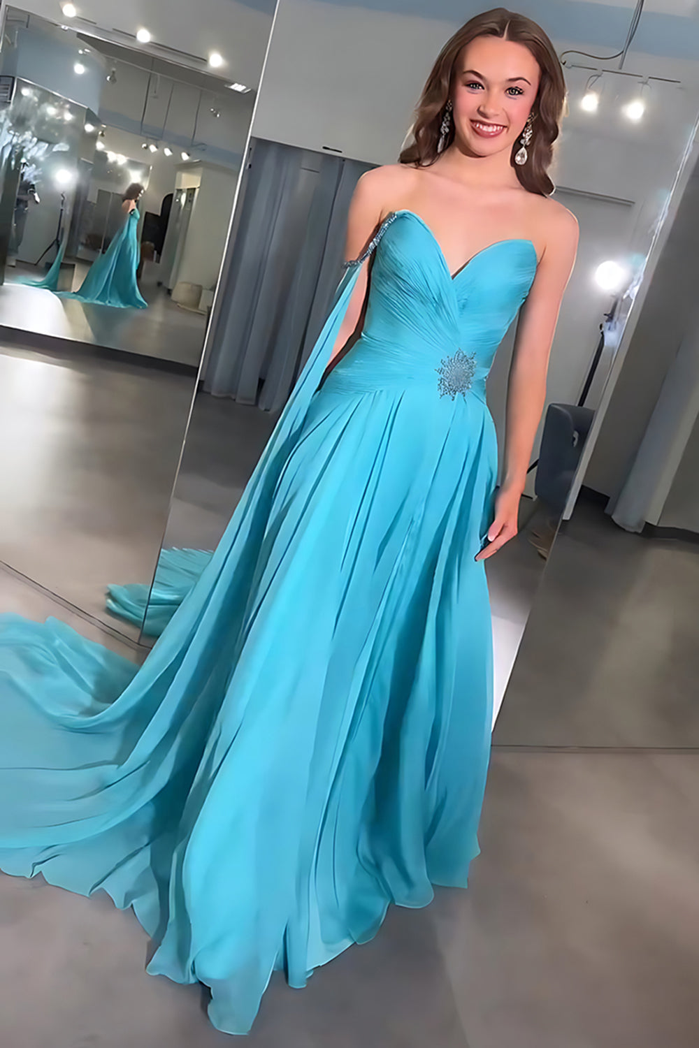 Blue Chiffon Sweetheart A Line Long Prom Dress