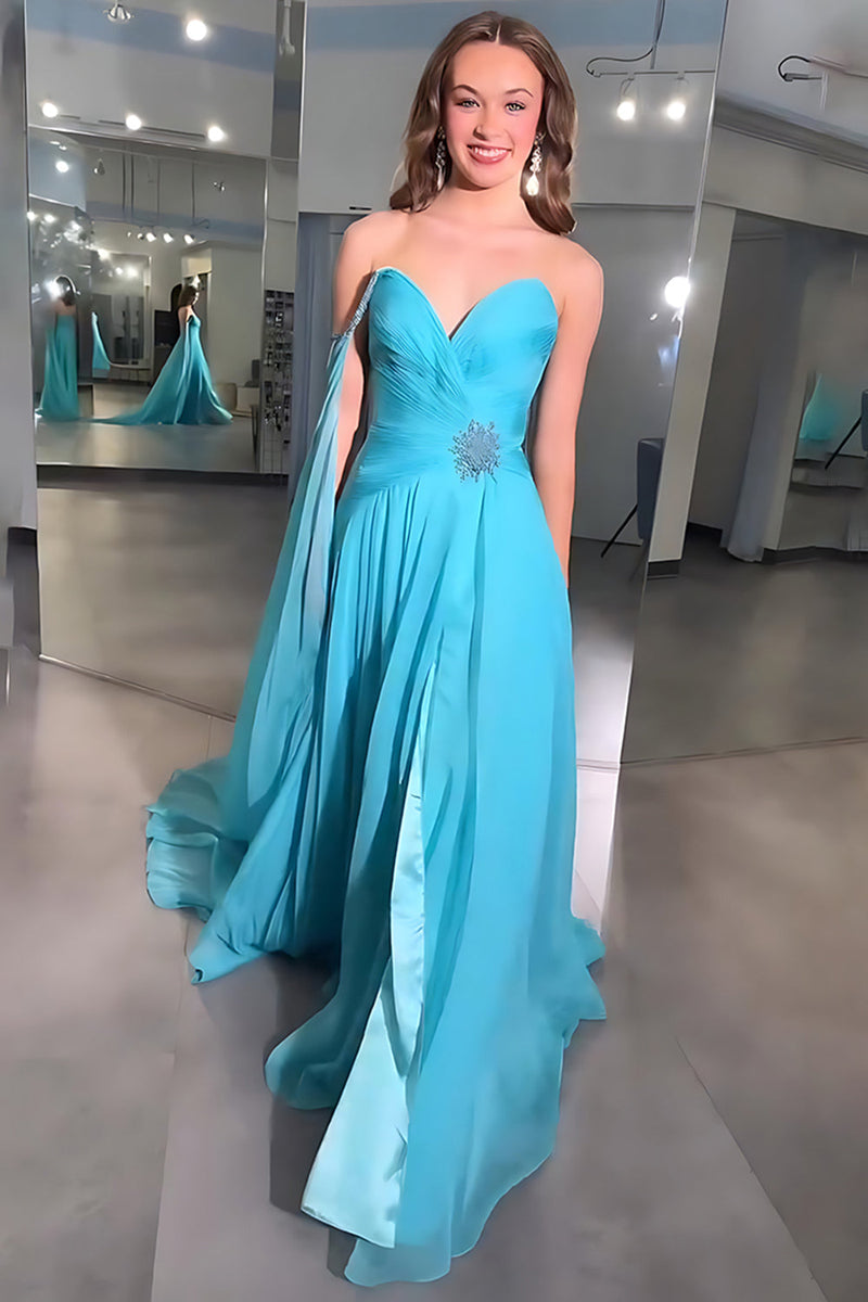 Load image into Gallery viewer, Blue Chiffon Sweetheart A Line Long Prom Dress