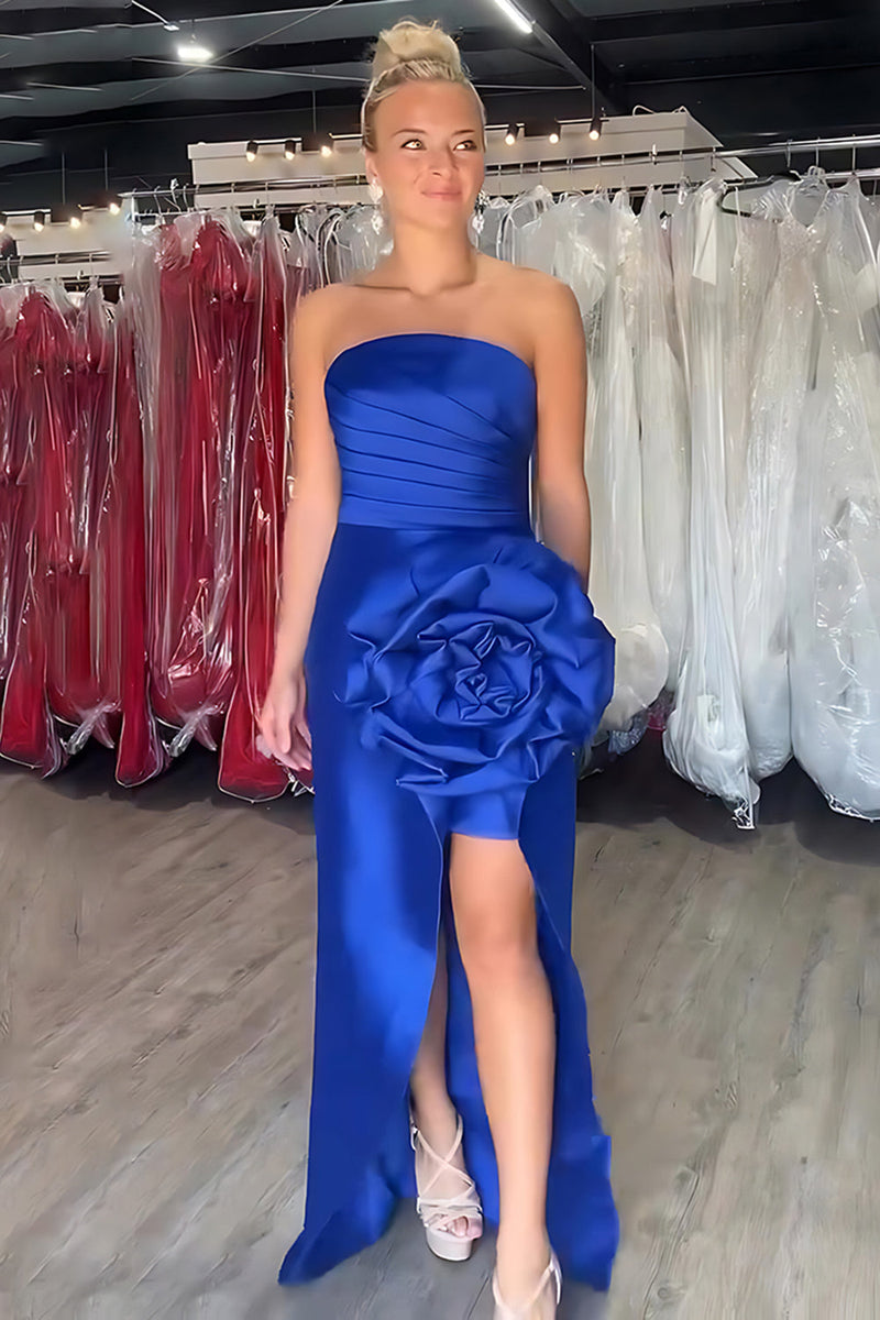 Load image into Gallery viewer, Royal Blue 3D Flower Mermaid Strapless Long Prom Dress with Slit