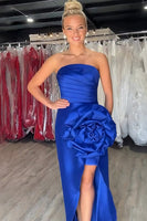 Load image into Gallery viewer, Royal Blue 3D Flower Mermaid Strapless Long Prom Dress with Slit