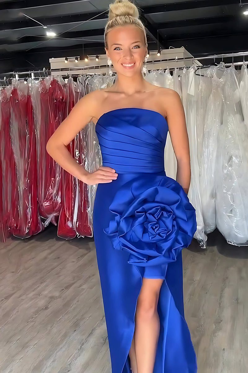 Load image into Gallery viewer, Royal Blue 3D Flower Mermaid Strapless Long Prom Dress with Slit