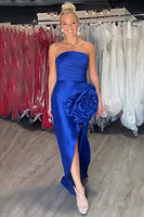 Load image into Gallery viewer, Royal Blue 3D Flower Mermaid Strapless Long Prom Dress with Slit
