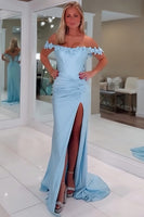Load image into Gallery viewer, Light Blue 3D Flower Off the Shoulder Mermaid Prom Dress with Slit