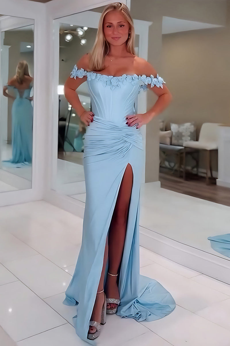Load image into Gallery viewer, Light Blue 3D Flower Off the Shoulder Mermaid Prom Dress with Slit
