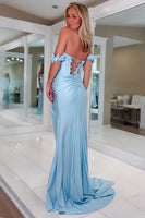 Load image into Gallery viewer, Light Blue 3D Flower Off the Shoulder Mermaid Prom Dress with Slit