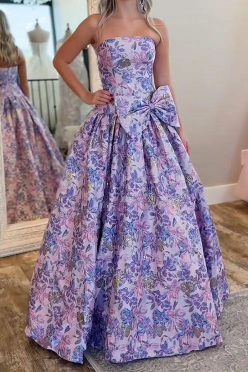 Load image into Gallery viewer, Purple Floral Strapless A Line Long Prom Dress with Bow