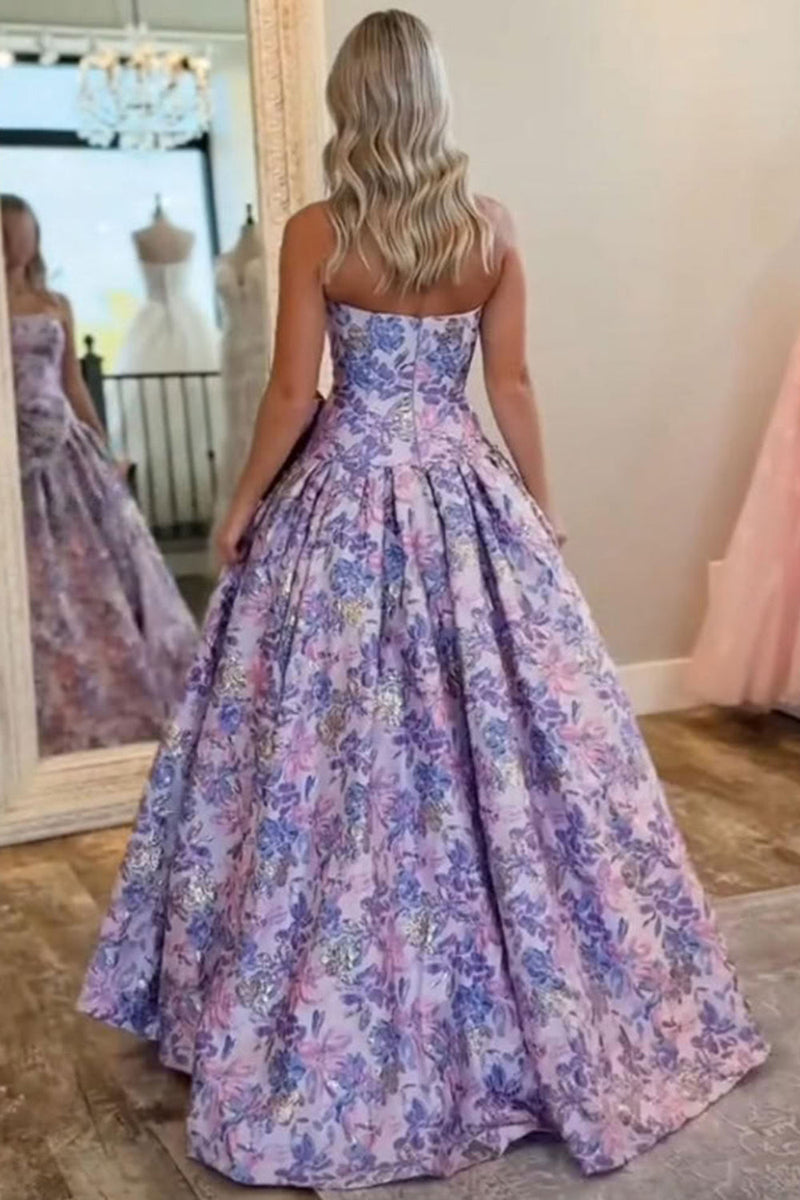 Load image into Gallery viewer, Purple Floral Strapless A Line Long Prom Dress with Bow