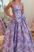 Load image into Gallery viewer, Purple Floral Strapless A Line Long Prom Dress with Bow
