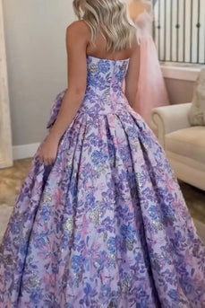 Purple Floral Strapless A Line Long Prom Dress with Bow